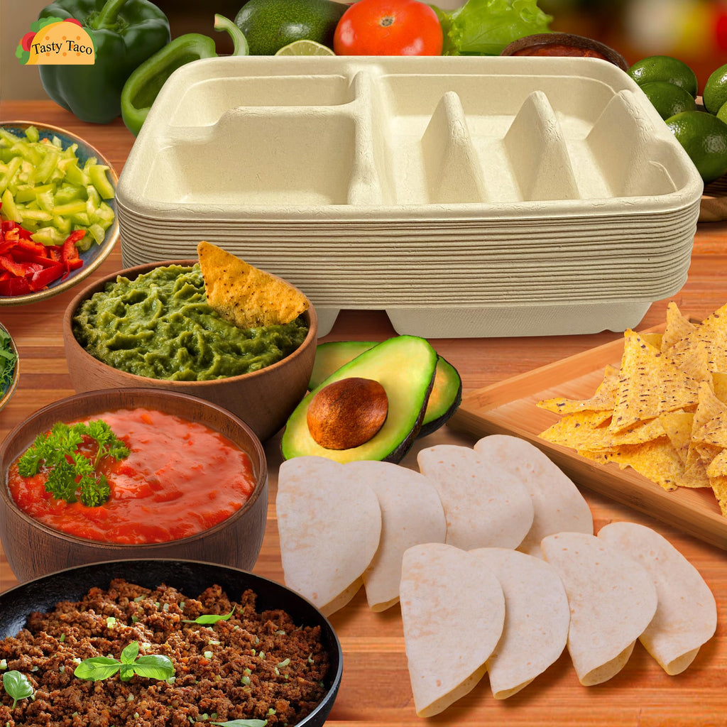 3-Tacos & 2-Sides Taco Plates, Disposable Paper Plates with Dividers – 50 PACK | Taco Tray for Party, Fiesta Taco Holder, Taco Stand for Taco Tuesday & Taco Bar, Microwave-Safe Taco Plates (50 Plates)