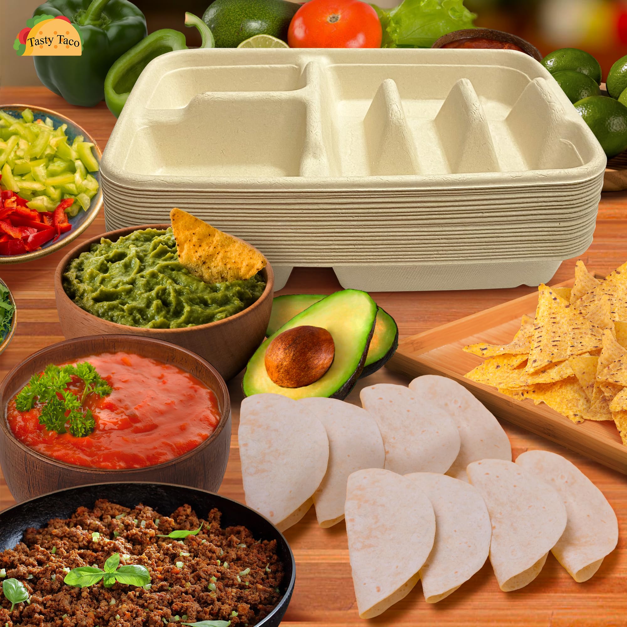3-Tacos & 2-Sides Taco Plates, Disposable Paper Plates with Dividers – 50 PACK | Taco Tray for Party, Fiesta Taco Holder, Taco Stand for Taco Tuesday & Taco Bar, Microwave-Safe Taco Plates (50 Plates)