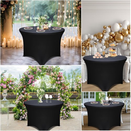 Yoquare 8 Pack - Black Round Table Skirt (60" Diameter x 30" H) for 5ft Tables | Polyester Spandex Washable Cover | Wrinkle & Stain Resistant | Wedding, Party, Banquet Decor