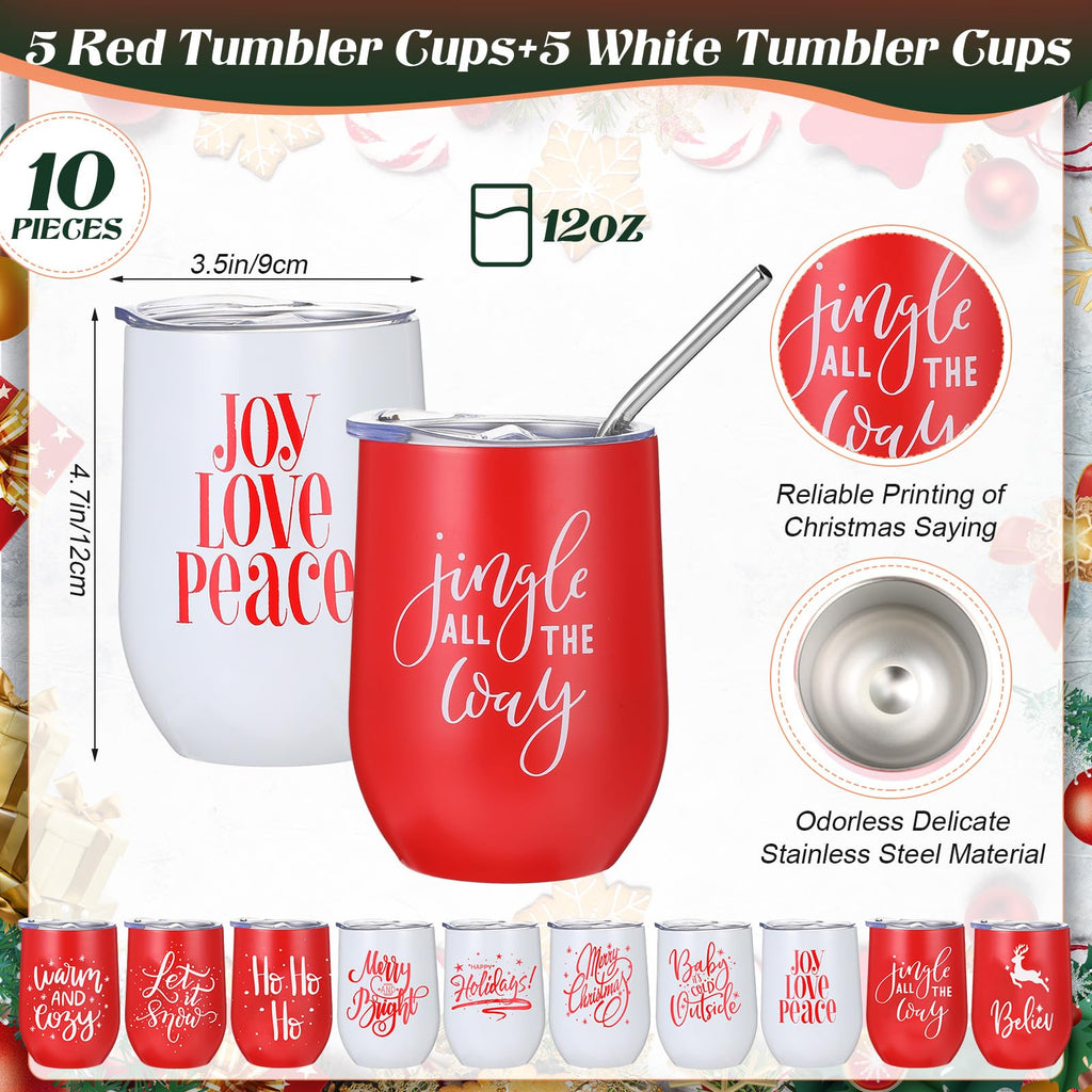 Uiifan 10 Pack Christmas Tumblers Gifts 12 Oz Xmas Funny Tumbler Christmas Stainless Steel Coffee Mugs Set Xmas Insulated Travel Cup with Straw Lid for Family Xmased Holiday Gift (Red White)