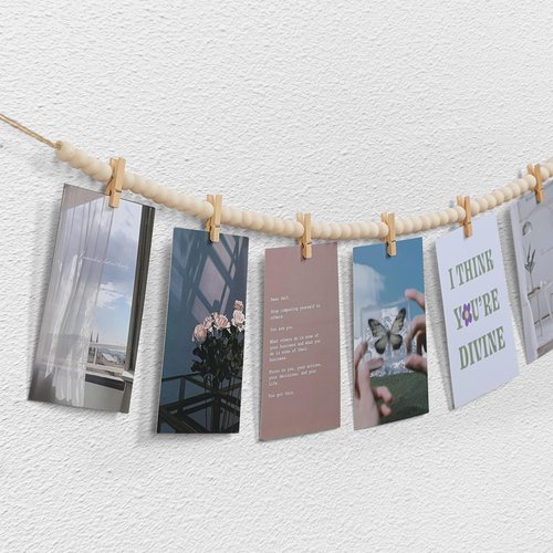 KLOGTSIND 2Pcs Hanging Photo Display with Clips, Boho Wooden Bead Garland Collage Picture Frame Wall Decor, Photo String with 10 Clips for Bedroom Room Dorm Cubicle Decor, Christmas Teen Girls Gifts