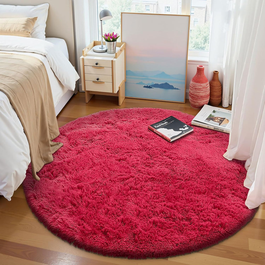 OLANLY Red Round Area Rug - Soft, Fluffy, Machine Washable 6 ft Circle Carpet for Bedroom & Living Room Decor