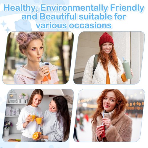 Ymapinc 4Set Reusable Straws Silicone with Case,Portable Travel Straws for Party Travel Cold or Hot with 4 Cleaning Brushes 4 Case(Green,Blue,Deep Blue,Gray）