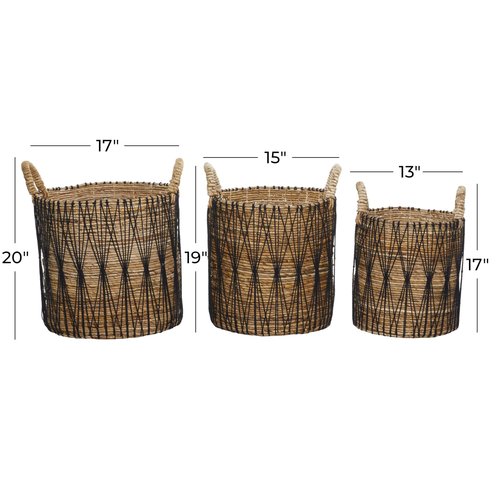 Deco 79 Banana Leaf Handmade Decorative and Functional Storage Basket String Detail Basket Organizer with Handles, Set of 3 Basket for Storage 20", 19", 17"H, Brown