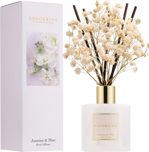 COCORRÍNA Reed Diffuser - Jasmine & Mint 6.7 Fl. Oz Set with Sticks & Preserved Baby's Breath | Home Decor