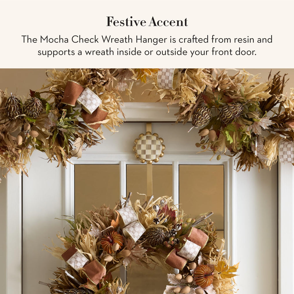 MACKENZIE-CHILDS Wreath Hanger, Door Hanger for Seasonal Decor, Brown-and-White Mocha Check