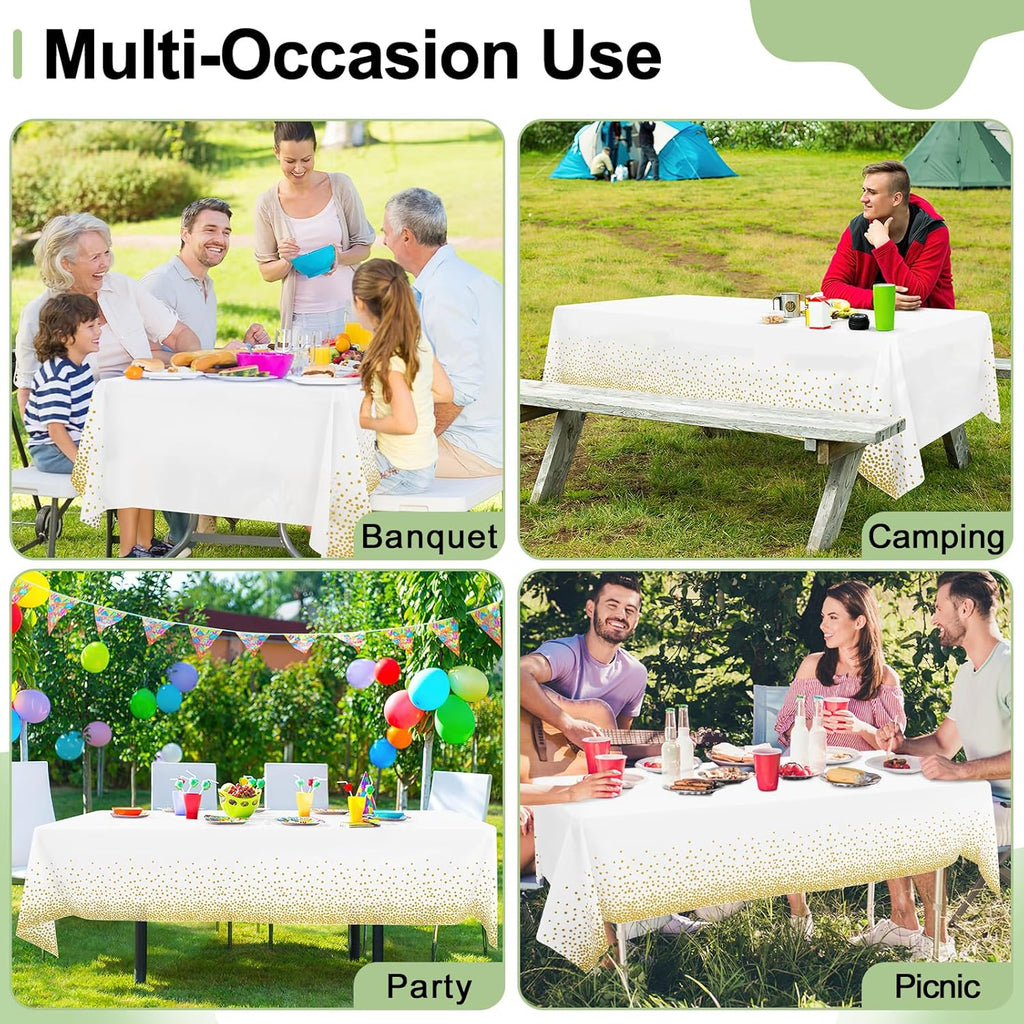 Misaya Disposable Tablecloths - 3 Packs of Waterproof 54 x 108 Inch Gold Dots on White for Parties & Picnics