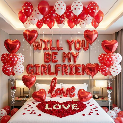 Will You Be My Girlfriend Balloon Letters in Red with Heart Foil Balloons, Rose Petals, Printed Balloons – Romantic Room Setup for Proposal, Be My Girlfriend Sign, Valentine’s Day Decorations