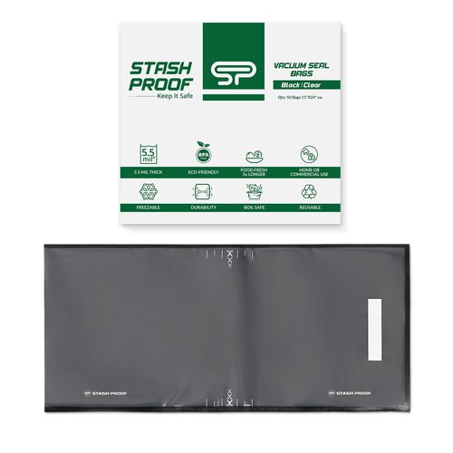 Stash Proof Vacuum Seal Bags 11" x 24" (50 Count) 5.5 Mil, Black and Clear- BPA Free Commerical Grade Food Saver for Storage, Sous Vide, and Meal Prep Sealer Bag