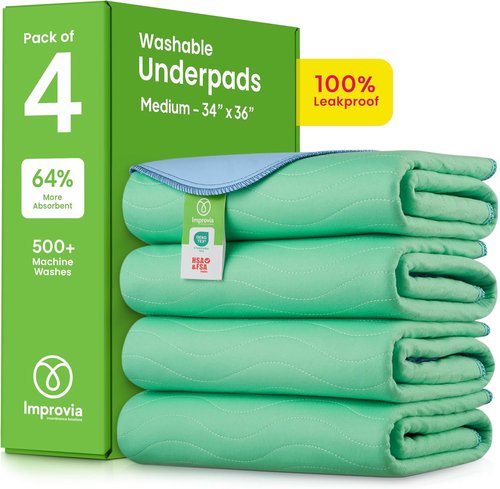 IMPROVIA® Washable Underpads - Heavy Absorbency Reusable Bedwetting Pads | 34" x 36" (Pack of 4) for Kids, Adults, and Pets