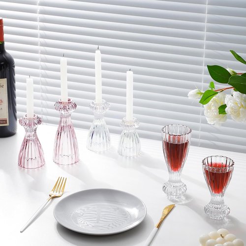 Lysenn Glass Candle Stick Holder Set of 3 - Elegant Taper Holders for Romantic Ambiance - Clear Decor
