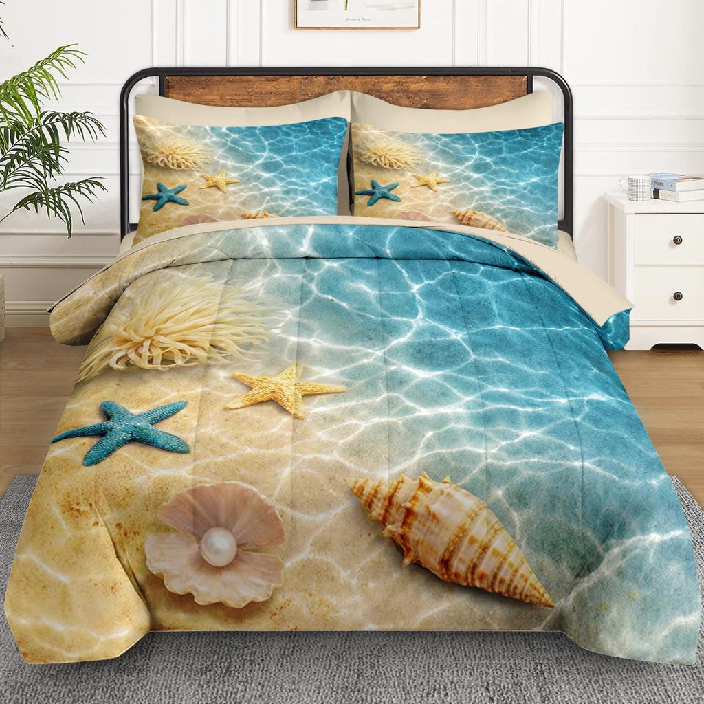 WeCozy 7 Pcs Queen Size Comforter Set with 2 Pillowcases & 2 Shams, Summer Beach Seashell Bedding for Kids and Adults, Blue Ocean Sea Shell Bed in a Bag with Flat Fitted Sheet