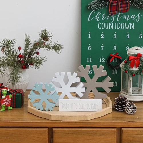 KORMMCO Winter Snowflake Fireplace Decorations - 4Pcs Farmhouse Christmas Decor | Wooden Signs for Tabletop & Shelves (White, Brown, Blue)