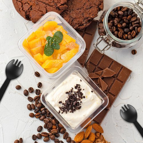 Slomg 100 Pack 12 oz Plastic Dessert Cups with Lids and Forks, Disposable Cupcake Tiramisu Containers Ice Cream Bowls for Yogurt Trifle Candy, Clear Square Parfait Fruit Cups for Appetizer Snack Salad