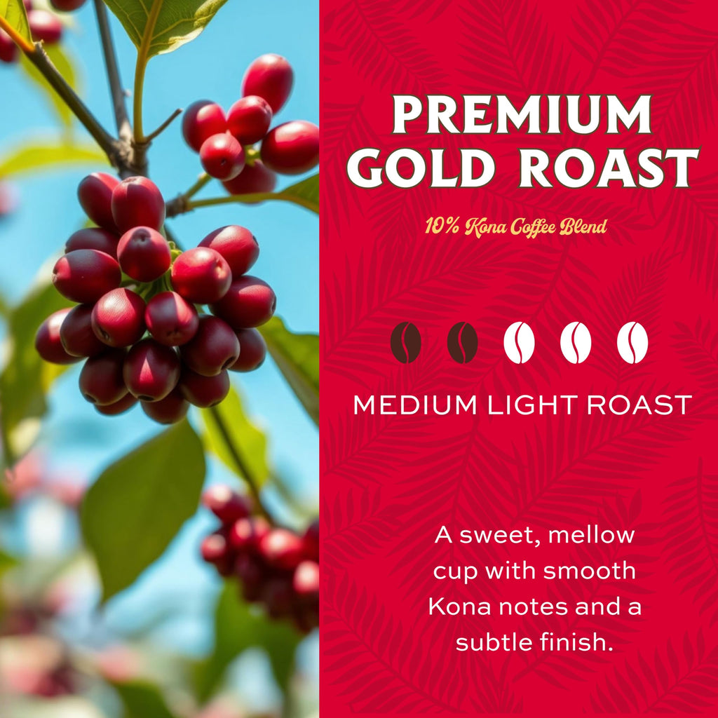 Lion Coffee Premium Gold Roast, 10% Kona Coffee Blend, Medium-Light Roast, A Taste of Aloha - Ground, 24 Ounce Bag
