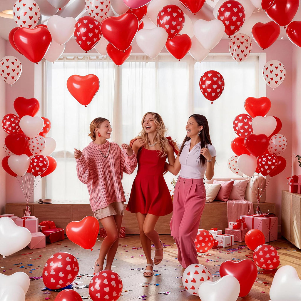 Valentines Day Balloons 60 Pack Red White Heart Shaped Balloons Set Romantic Heart Print Latex Balloon for Sweet Galentines Proposal Engagement Wedding Bridal Shower Mothers Day Party Decorations