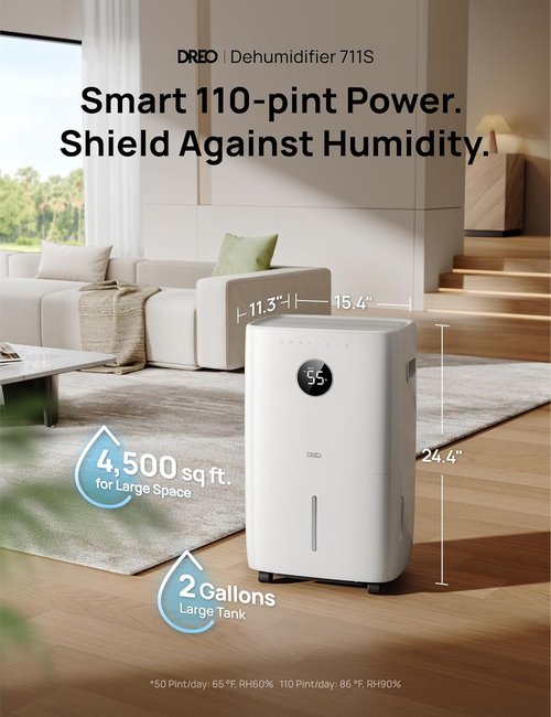 DREO 110-Pint Smart Dehumidifier - Ideal for Large Rooms Up to 4500 Ft² | 2 Gallon Tank, Auto & Constant Modes, White