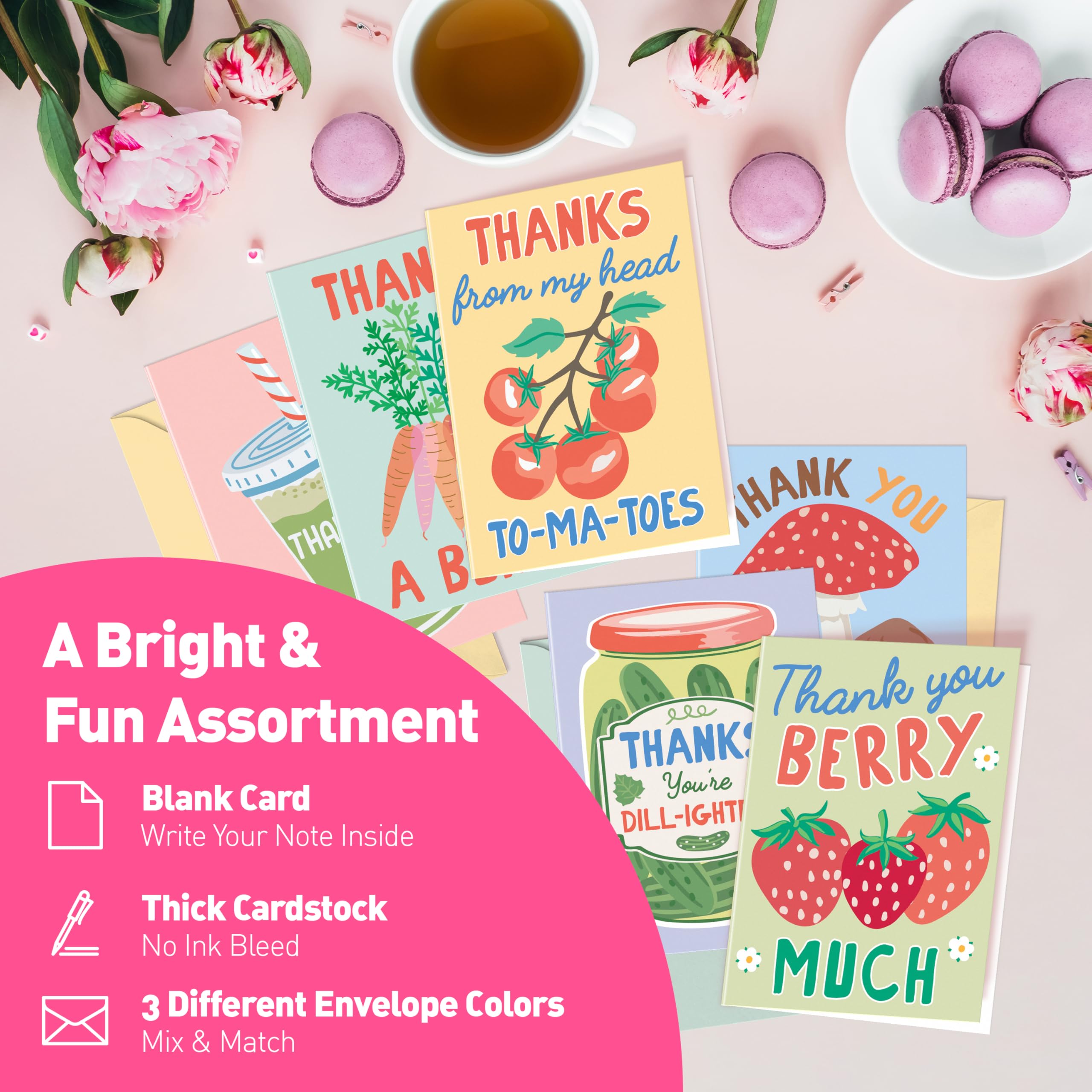 Sweetzer & Orange S&O Funny Thank You Cards – 24 Punny Blank Cards with Envelopes – 6 Cute Card Design – 4x5.5 Appreciation Note Cards – Glossy Outside, Matte Inside – Pink, Green & Yellow Envelopes