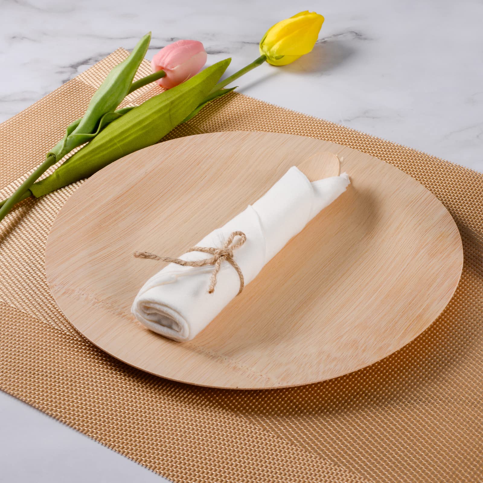 Pre Rolled Napkin and Bamboo Cutlery Set - 50Pack Bamboo Utensils/Compostable Cutlery(50 Forks, 50 Knives, 50 Spoons, 50 Napkins), Biodegradable Wrapped Cutlery for Party, Wedding, Events