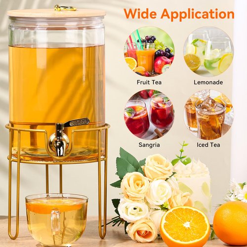 1 Gallon Drink Dispenser,2 Pack Glass Beverage Dispenser With Stand,Juice Containers with Lid for Party,Drink Dispensers for Parties With Spigot for Lemonade/Soda/Tea