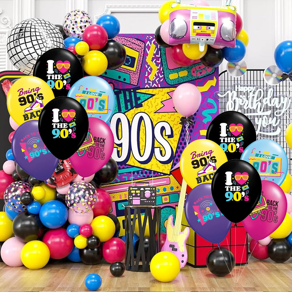90s Balloons 30 Pcs Back to The 90's Balloon Retro Radio Boombox CD Neon Balloon for 90's Hip Hop, Rock and Roll Party, Throwback Birthday Decor, 90s Party Decorations