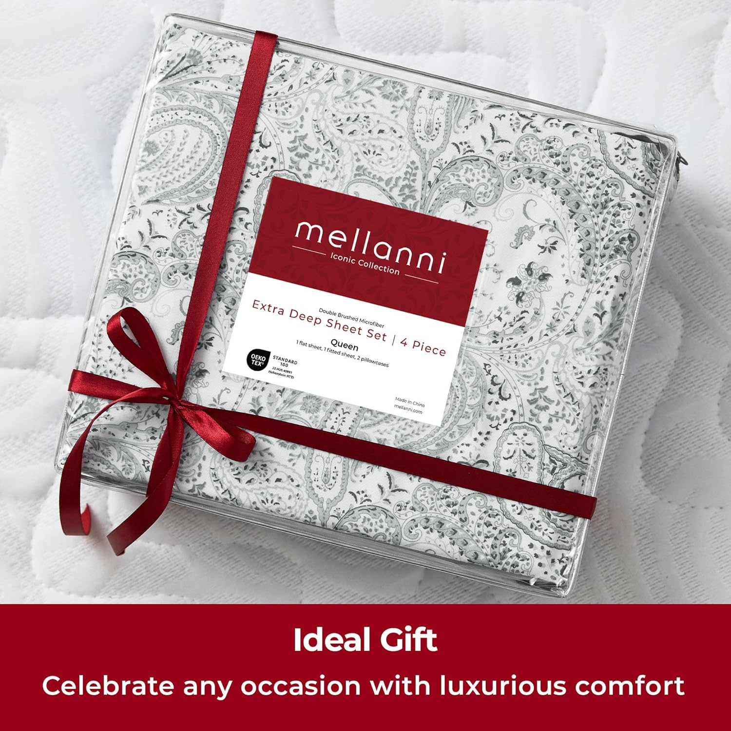 Mellanni Extra Deep Queen Sheets | 4 PC Hotel Luxury Bedding - Ultra Soft, Cooling, Wrinkle Resistant (Queen, Paisley Gray)