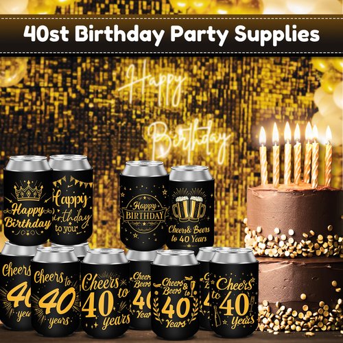 40th Birthday Party Decorations Can Cooler Sleeves, Neoprene Can Sleeves for 12 oz Cans & Bottles, 12 Pack Black and Gold 40th Birthday Gift for Men & Women, 4 Design