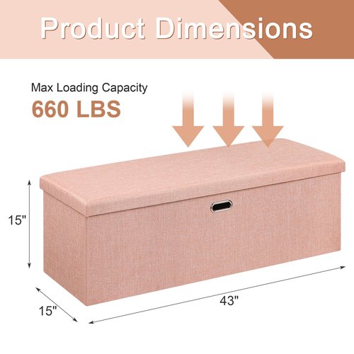 VECELO 43'' Folding Storage Ottoman Bench, End of Bed Linen Fabric Foot Rest Stool with Padded Seat, Large Footstools for Bedroom, Living Room, Load 660 lb, Pink