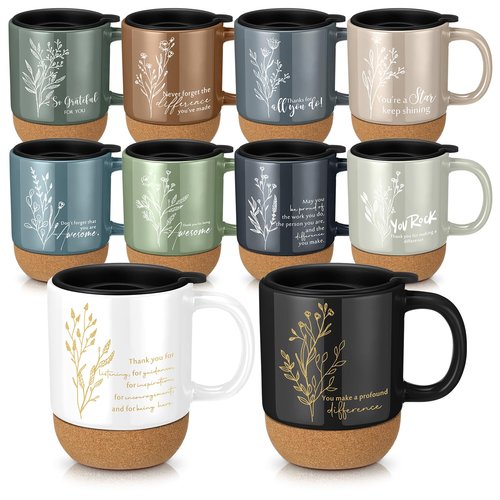 Jingmore 10 Pcs Employee Appreciation Gift Bulk Non-slip Cork Bottom Coffee Mug 13.5 oz Ceramic Tumbler Inspirational Mug Thank You Gifts for Social Worker Teacher Volunteer Nurse Staff(Appreciation)