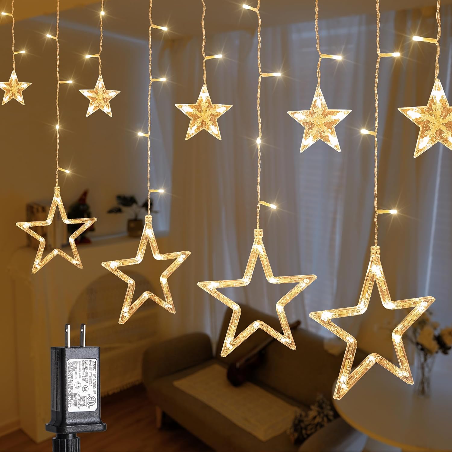 Skiennix 126L Warm White Star Icicle Lights - 8.2FT Clear Curtain Fairy String with Timer & 8 Modes | Waterproof for Christmas & Events