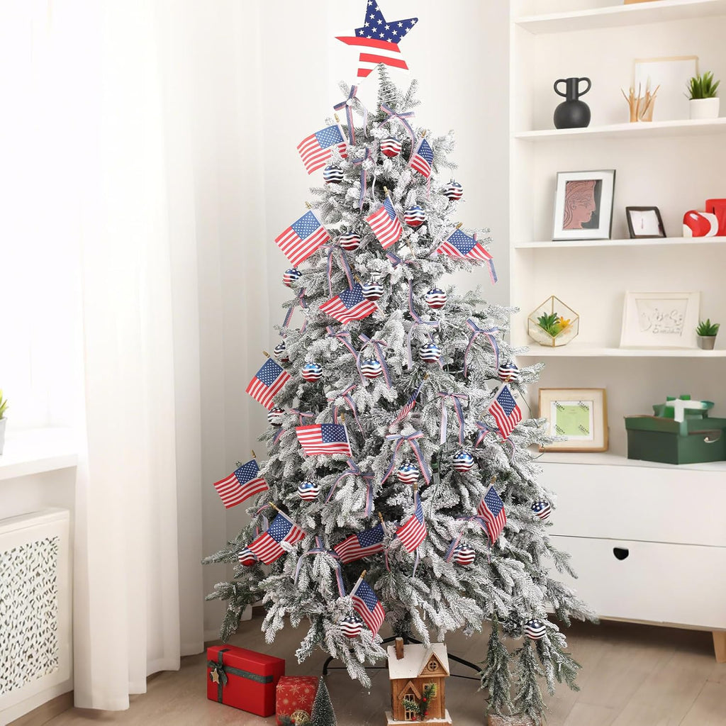 Seematn 73 Pcs Patriotic Tree Ornaments - 4th of July Decorations with Flag, Star Topper & Bows