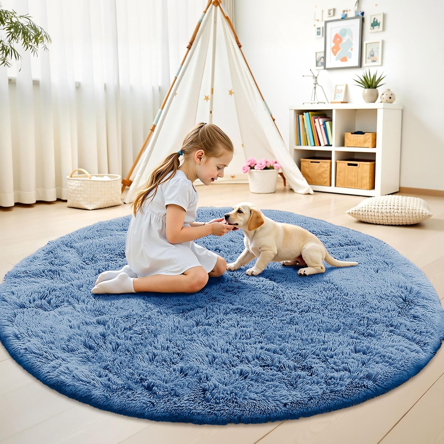 OLANLY Blue Round Area Rug - Soft, Fluffy, Machine Washable 6 ft Circle Carpet for Bedroom & Living Room