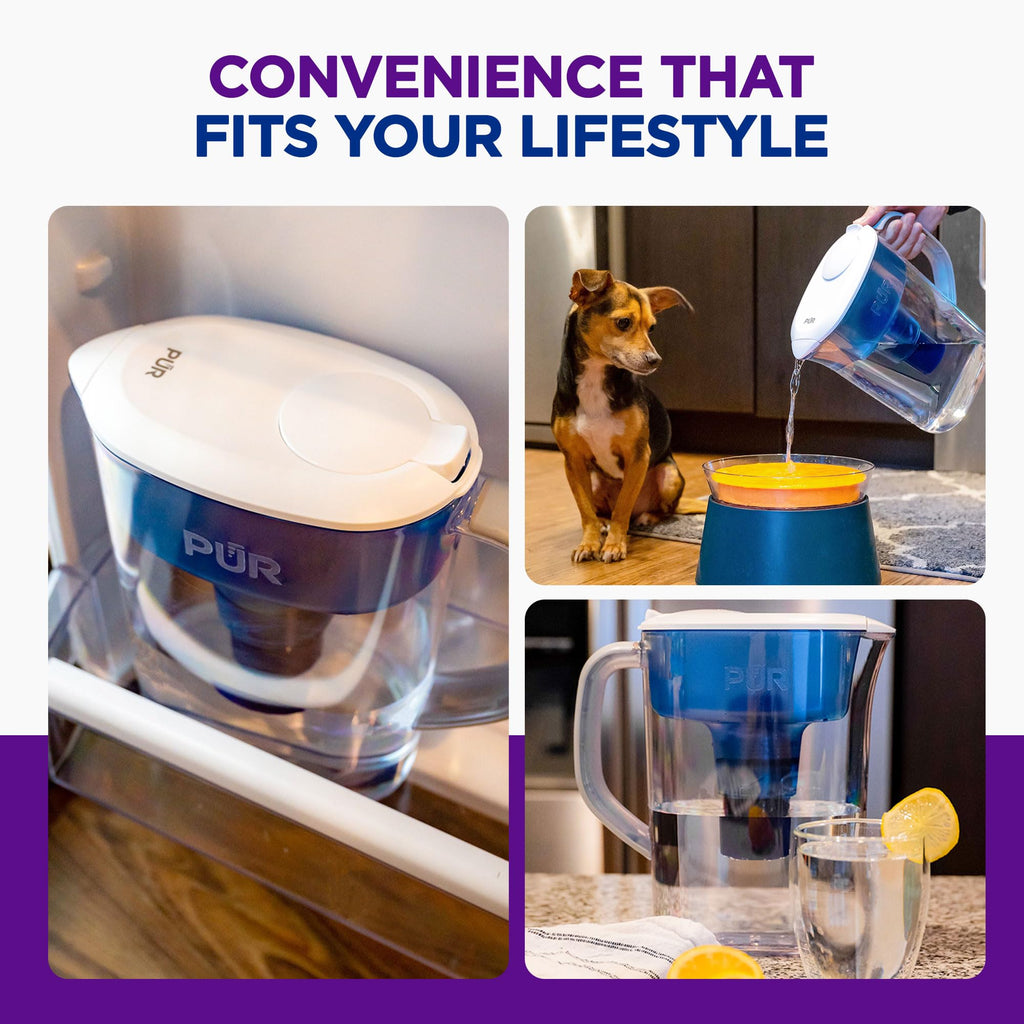 PUR 7-Cup Water Filter Pitcher, Cleaner, Great-Tasting Water, Dishwasher Safe, Powerful, Faster Filtration, LockFit Cap Design - White