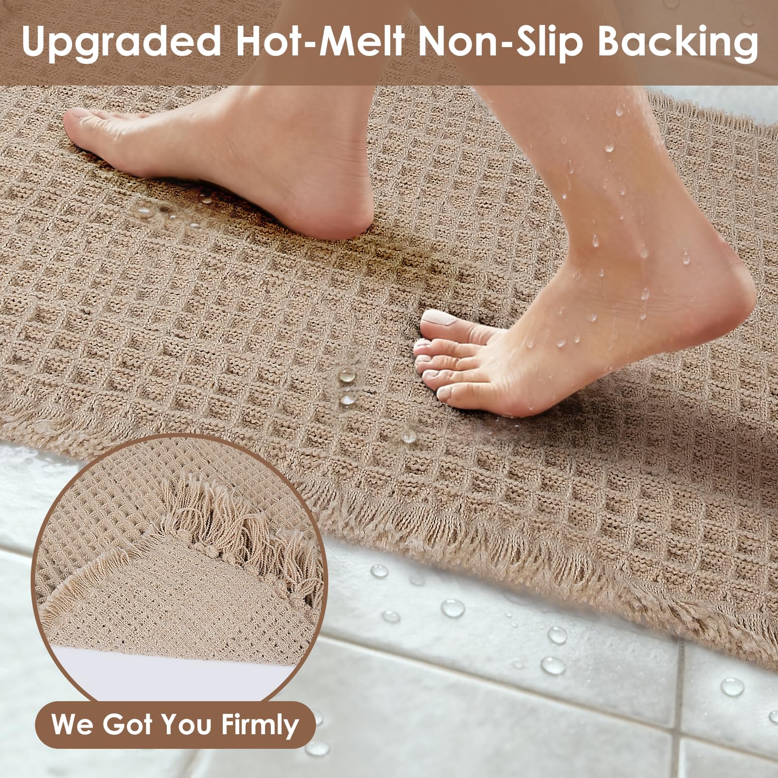 CozeForm Waffle Bath Mat, Super Absorbent Waffle Bathroom Rug with Tassels, Non Slip Bath Mats for Bathroom Floor, Ultra Soft Boho Bath Mat, Quick Dry Shower Mat, Machine Washable, 18"×30", Khaki