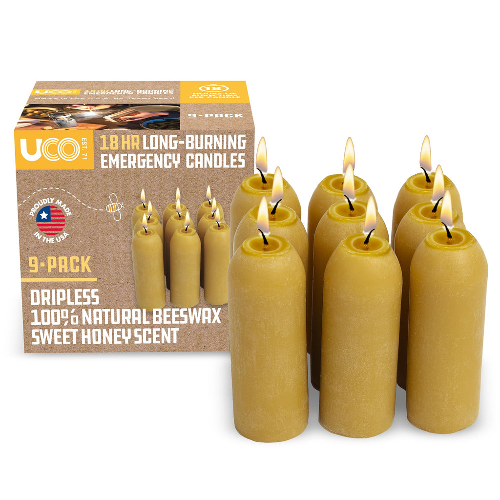 UCO 12-Hour Natural Beeswax, Long-Burning Candles for UCO Candle Lanterns and Emergency Preparedness, 9-Pack