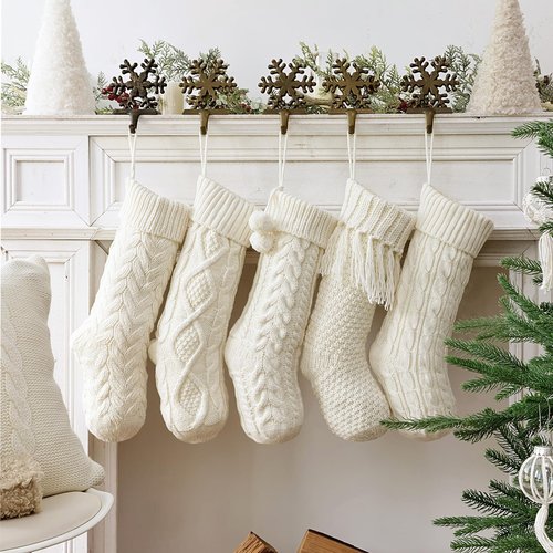 Farmhouse Knitted Personalized Christmas Stockings: 5 Pack 18 Inch Rustic Cable Knit Fireplace Cozy Hanging Xmas Stockings Boho Style Stocking Decorations for Family Holiday Décor, White Beige