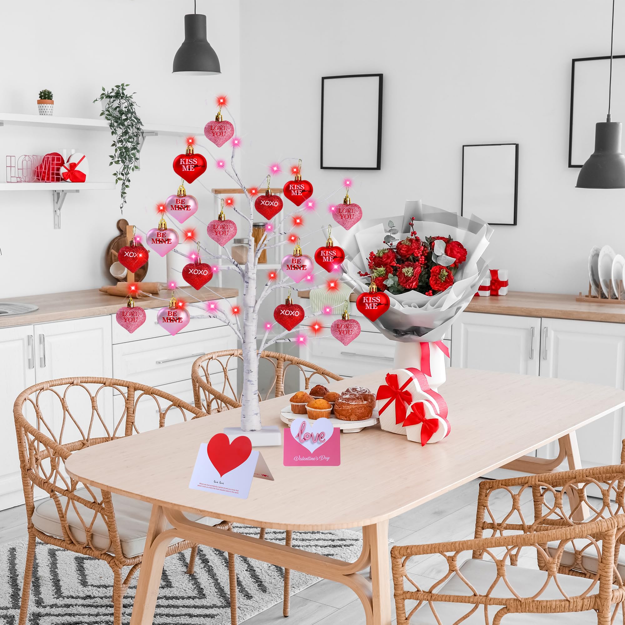 Sggvecsy 2 Pack Birch Trees with Heart Ornaments 24’’ Artificial Heart Table Tree Valentines Day Decorations with Cards Tree Decor for Valentine's Day Gifts Home Party Festival Decorations