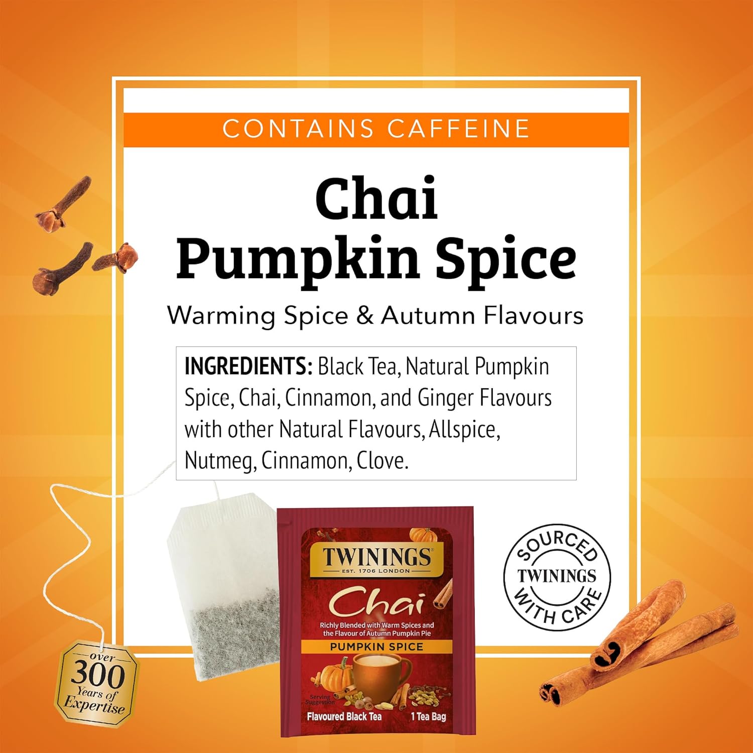 Twinings Pumpkin Spice Chai Black Tea - Warm & Spicy Flavor, 20 Individually Wrapped Bags (Pack of 6)