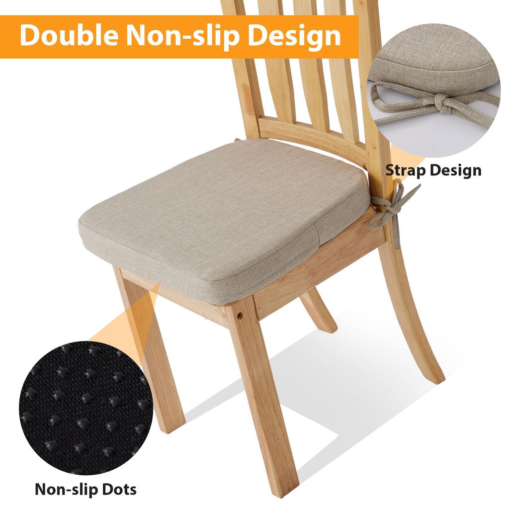 Ruqmuis Chair Cushions for Dining Chairs, 2" Thick Seat Cushions for Kitchen Chairs, D-Shaped Chair Pads with Washable Cover, Ties and Non Slip Backing, 17'' x 16'', Set of 6, Beige