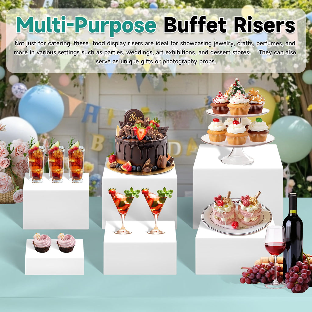 NoderLoya 6Pcs Buffet Risers,Food Risers for Buffet Table Display Stand Shelf for Party Catering Dessert Jewelry Collectibles Acrylic Cube Boxes Display Nesting Risers (white-S(5,6,6.8,7,7.5,8)