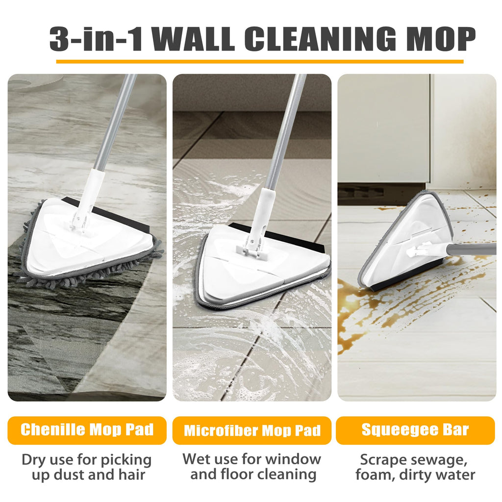 JEHONN Wall Mop with Long Handle 80 inches, Upgraded 180° Collapsible Baseboard Cleaner Tool with Squeegee, Ceiling Duster with 1 Microfiber and 1 Chenille Pad for Cleaning Window, Cabinet (White)