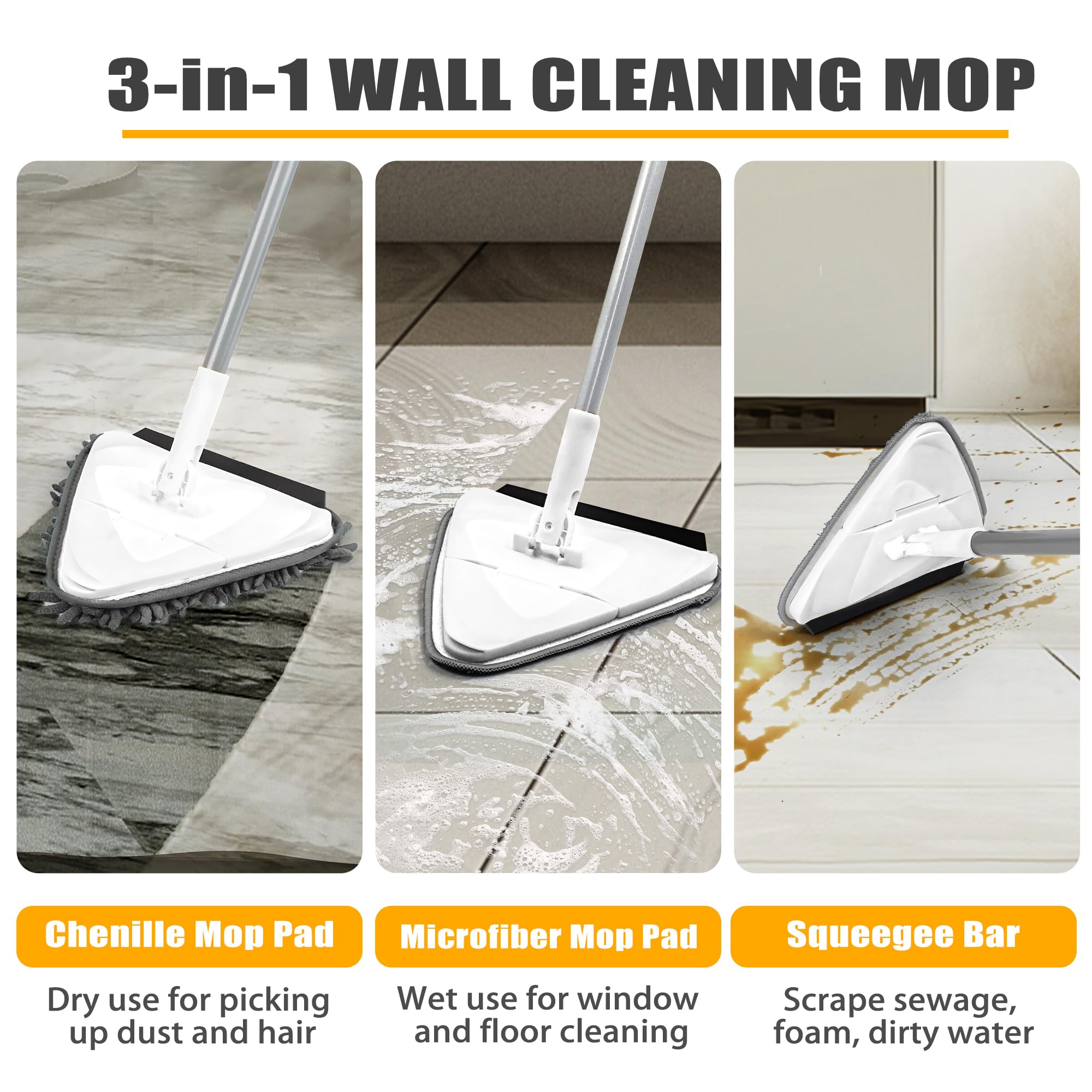 JEHONN Wall Mop with Long Handle 80 inches, Upgraded 180° Collapsible Baseboard Cleaner Tool with Squeegee, Ceiling Duster with 1 Microfiber and 1 Chenille Pad for Cleaning Window, Cabinet (White)