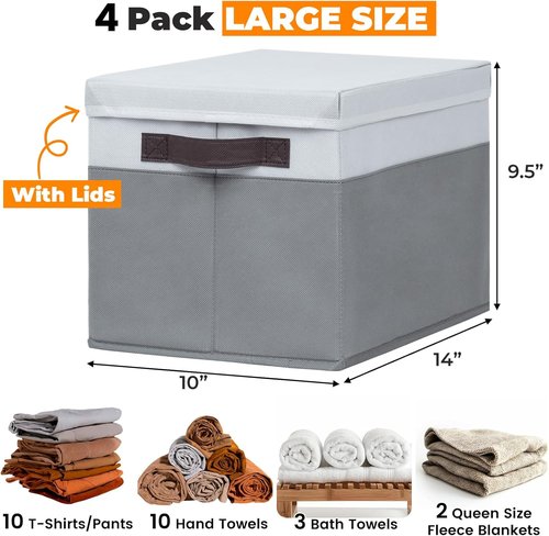 Large Closet Storage Baskets by [Brand Name] - Stackable Organizing Bins with Lids | 4-Pack for Nursery, Bedroom, and Home - 14x10x9.5