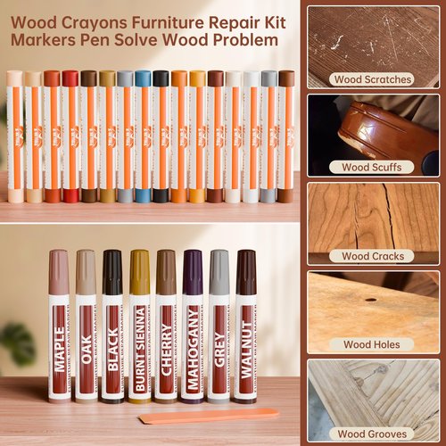 A-HEYIDA Wood Filler Putty Sticks -16 Colors Wax Crayons & 8 Furniture Marker Touch-Up Pens for Wood Floors & Cabinet Scratches, Cracks and Nail Holes - Laminate Floor Repair Kit