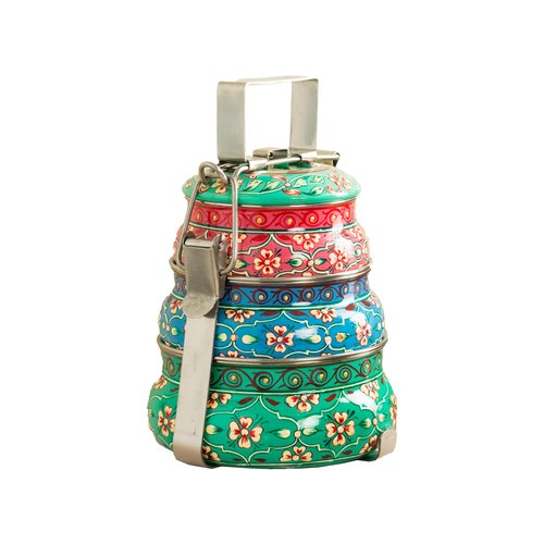 Handmade Stainless Steel Tiffin Box (Blue-Green-Pink, Three Tiers)