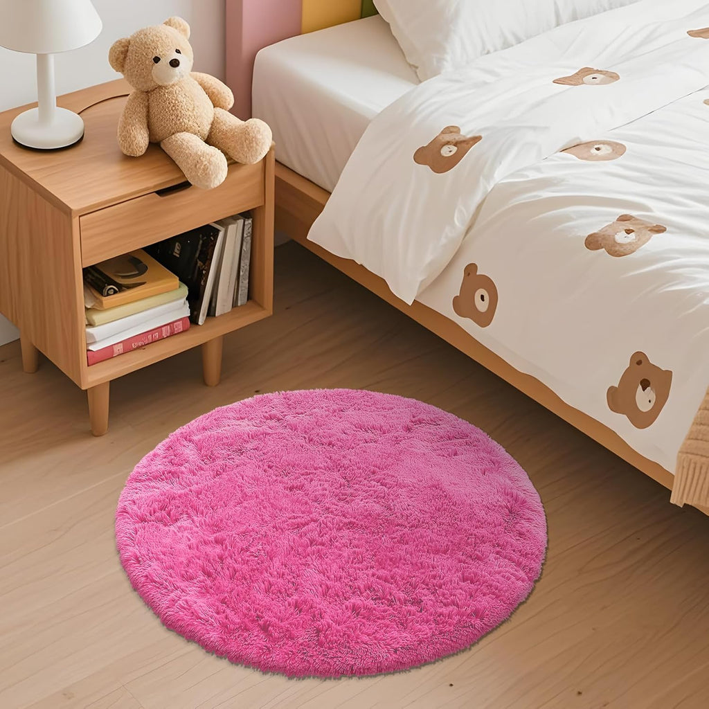 OLANLY Hot Pink Round Rug - Soft, Fluffy Shaggy Carpet | 2 ft Machine Washable Area Rug for Bedroom & Nursery Decor