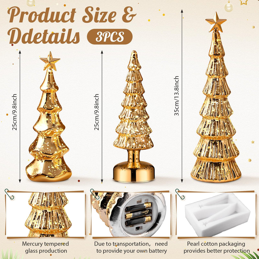 Funnymoom 3 Pack Glass Christmas Trees Decor Lighted Christmas Tree Tabletop Glitter Centerpiece Decoration Glass Xmas Tree Figurines Holiday Ornament for Table Mantle Fireplace(Gold,Classic)
