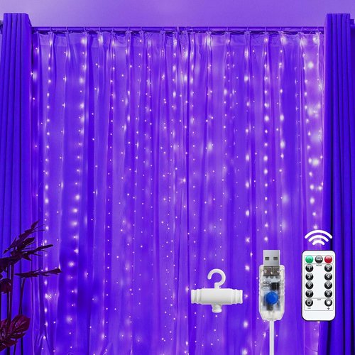 Brightown 300 LED Purple Fairy Curtain Lights - 9.8ft x 9.8ft String Lights with Remote & 8 Modes for Indoor/Outdoor Use