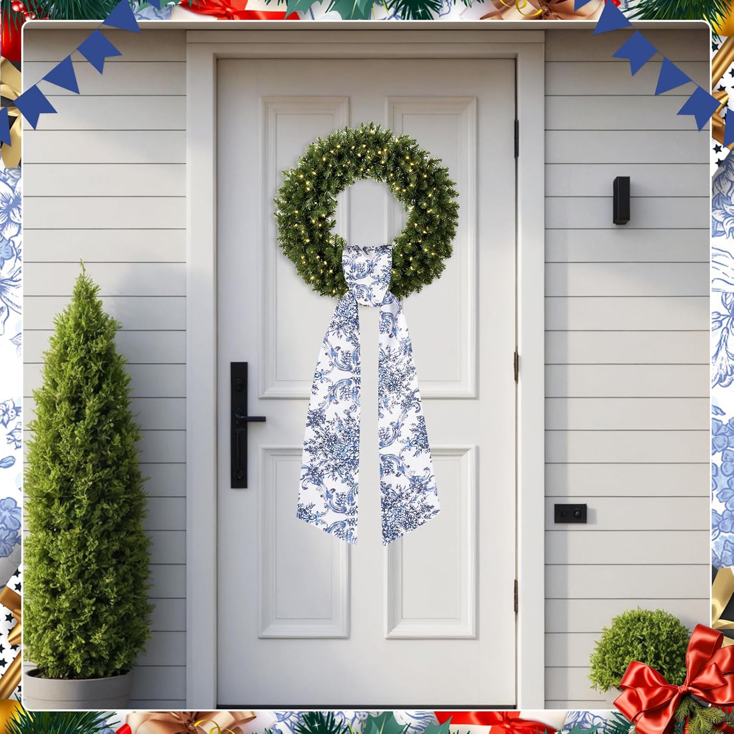 Skiennix Chinoiserie Monogram Satin Wreath - Elegant Blue & White Floral Door Decor | 2-Piece Set