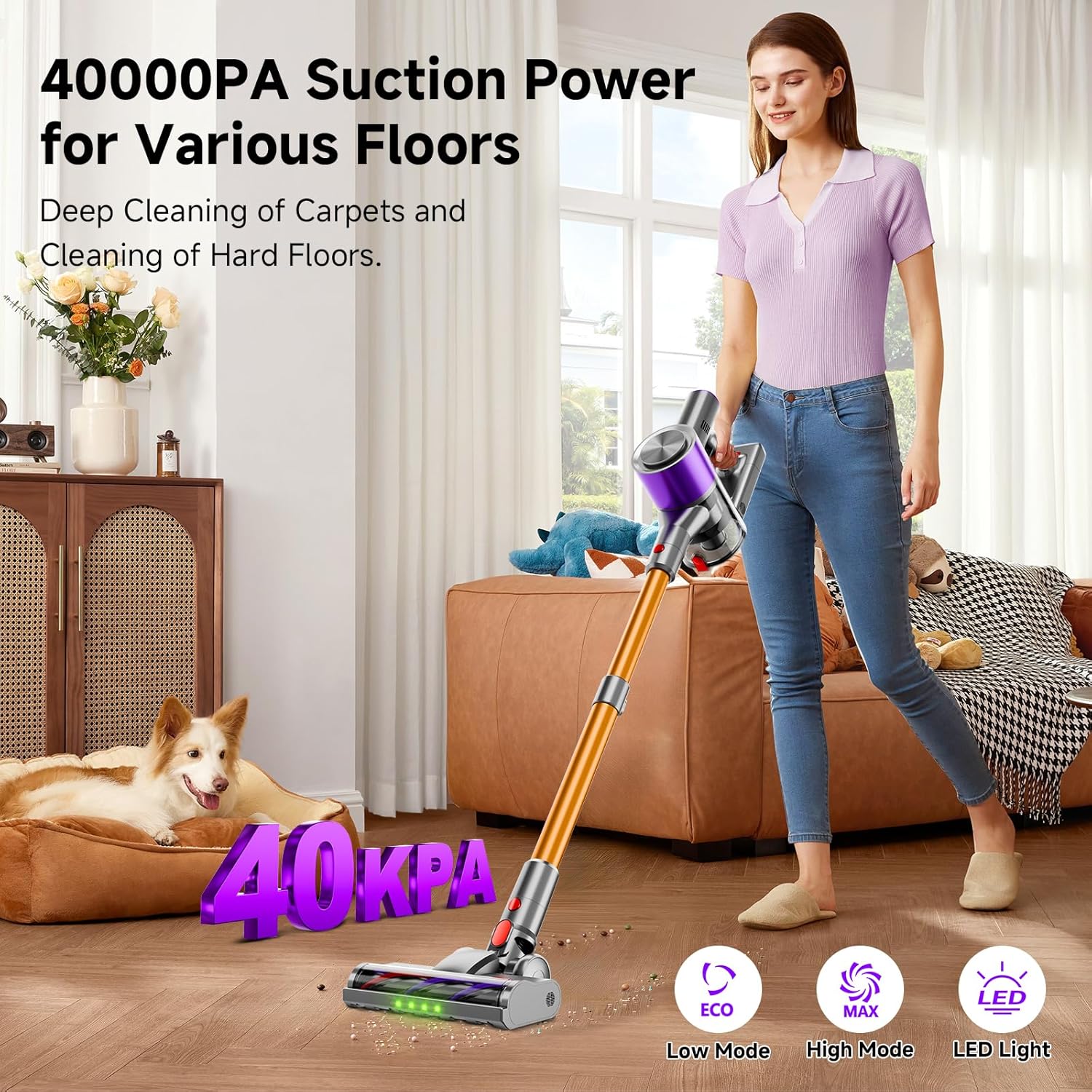 Skiennix Cordless Stick Vacuum Cleaner - 40Kpa Powerful Suction with LED Headlight | 8-in-1 Lightweight for Pet Hair & Hard Floors - Purple